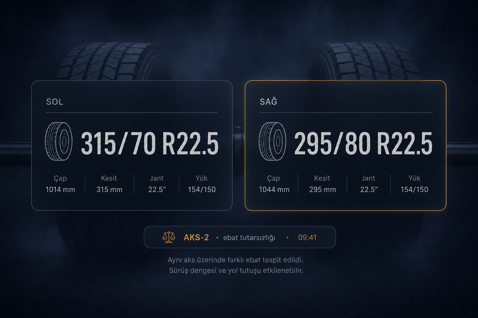 EyeMetric Tire — aks bazlı ebat kıyası
